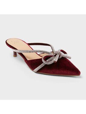 A New Day Burgundy Velvet Rhinestone Mule Heels With Bow Accent Size 8